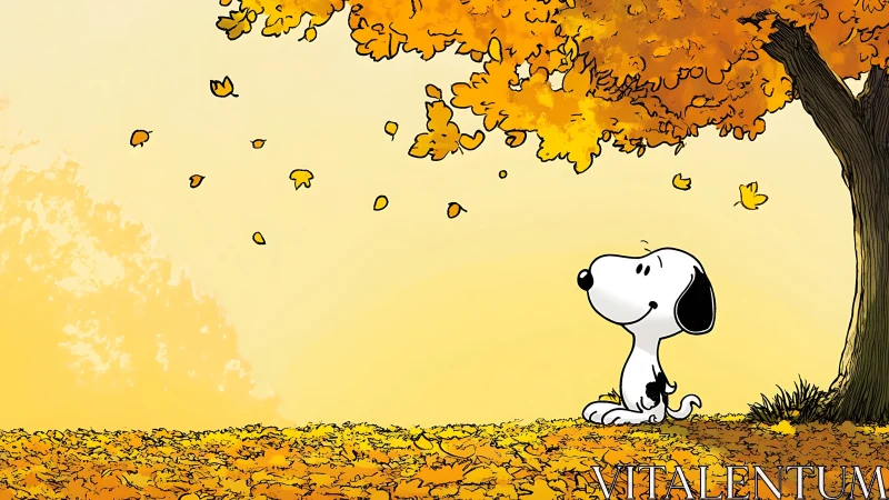 Cartoon dog sitting under bright orange autumn tree calmly.