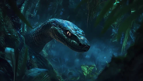 Gentle serpent watching quietly in a misty moonlit jungle.