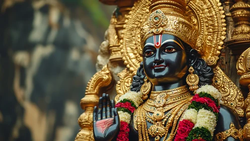 Photorealistic Hindu deity statue with ornate gilded reliefs.