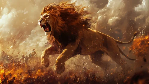 Roaring lion leaps through incendiary battlefield clouds