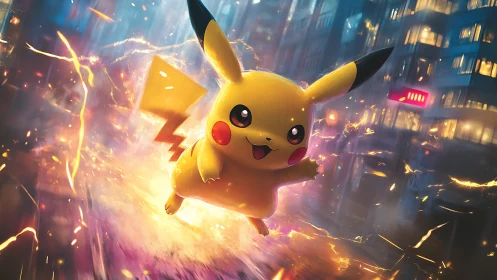 Pikachu charges through neon city sparks in vivid motion.