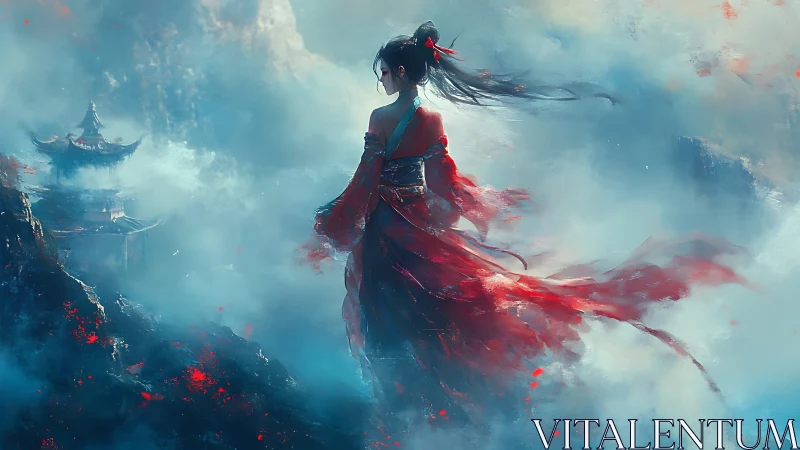Digital painting of red-clad warrior amid misty mountain temple.