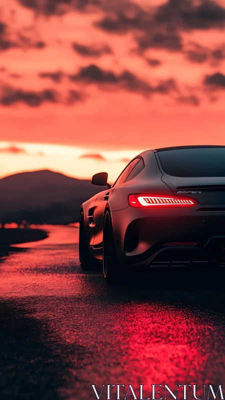 Sports car rear view on wet road under intense red sky