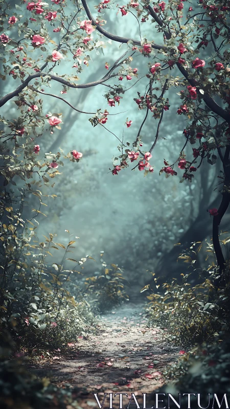 Narrow forest path recedes under arching, blossom laden branches