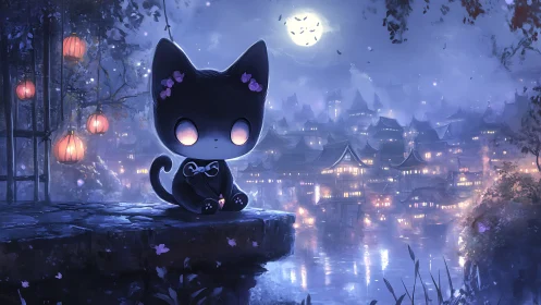 Black chibi cat overlooking lantern lit riverside town at night.