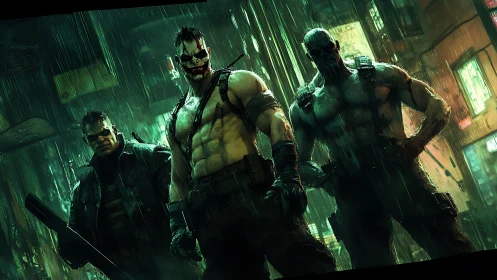 Militant clown enforcers in rain-soaked cyberpunk alleyway.