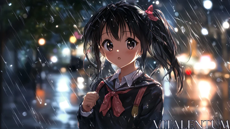 Anime schoolgirl standing in night rain on city street.