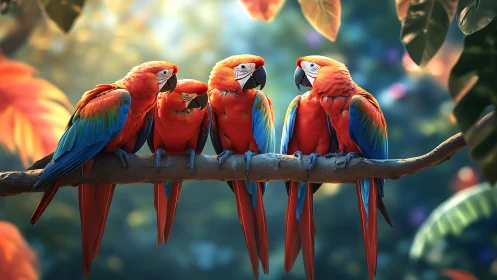 Four Colorful Parrots on Branch in Vibrant Tropical Setting.