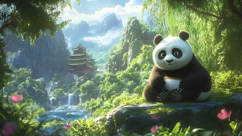 Gentle panda resting by a hidden jade valley temple.