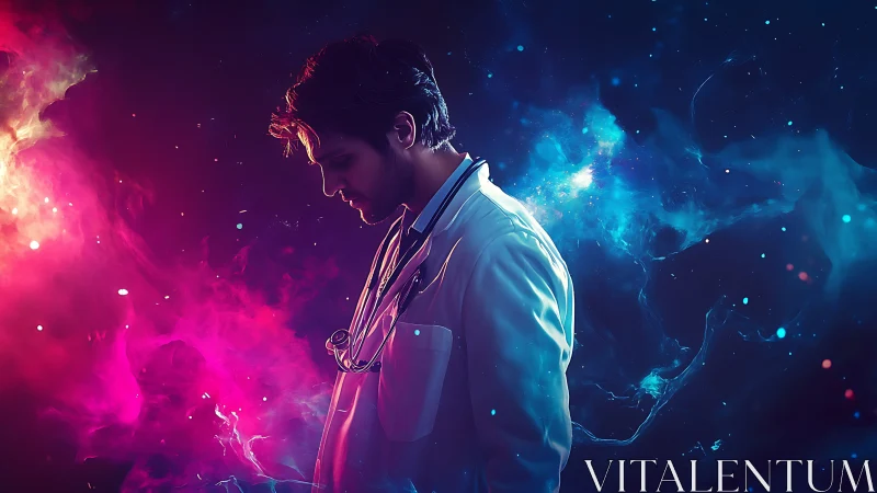 Cosmic doctor stands between neon nebula clouds. Period.