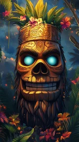 Tiki skull totem with glowing eyes in lush jungle scene.