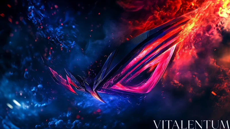 Neon fractal emblem slicing through dual fire and frost clouds.