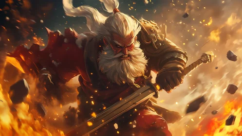 Battle-hardened warrior charges through blazing battlefield