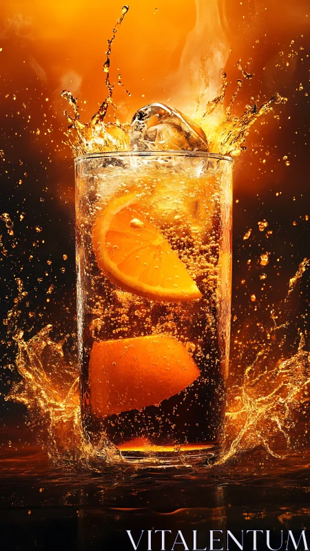 Explosive Citrus Beverage Splash Against Warm Backdrop.