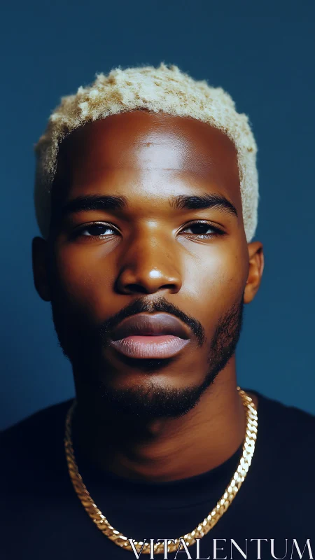 Portrait shows young man with blond curls and gold chain