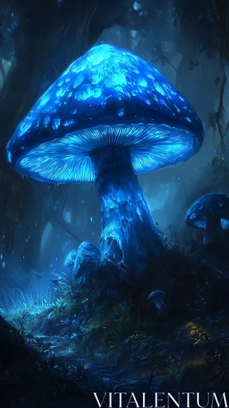Glowing blue mushroom quietly lights a hidden forest path