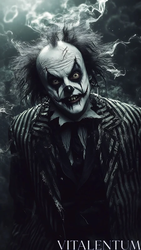 Monochrome striped clown figure in dark atmospheric setting.