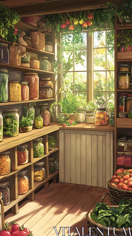 Pantry interior with preserved produce in glass jars.