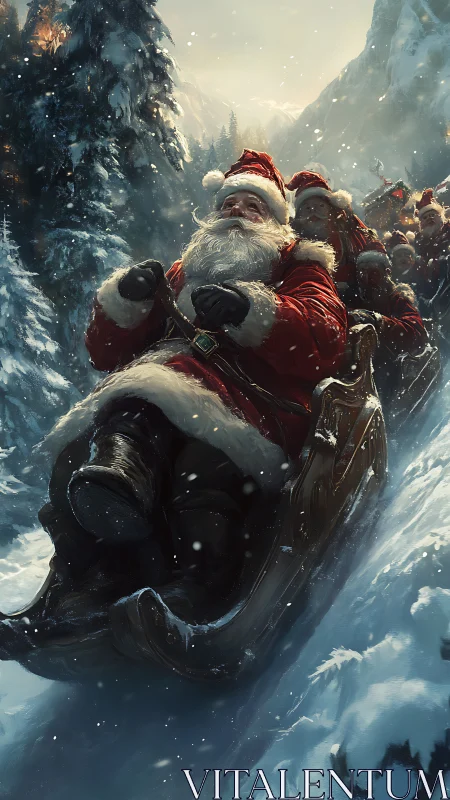 Dynamic Santa sleigh descent through steep alpine snow corridor
