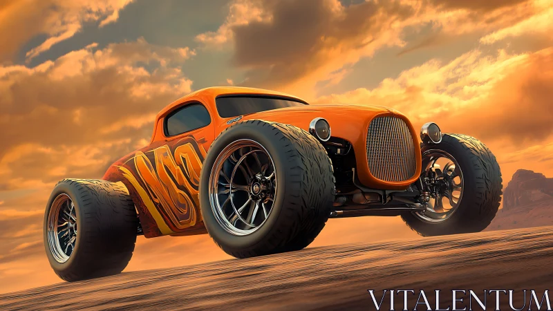 Sunset desert hot rod rumbles forward with bold orange style