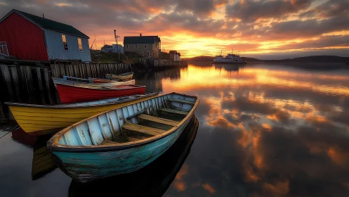 Colorful fishing boats on calm harbor water at sunset.