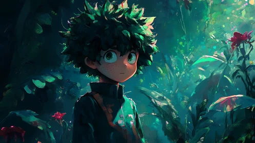 Soft-eyed forest wanderer in glowing teal jungle light.