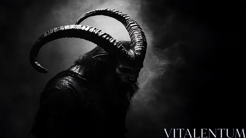 Low key portrait of horned demonic figure in dramatic smoke