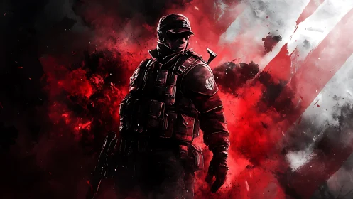 Armored soldier stands before dense red and white smoke