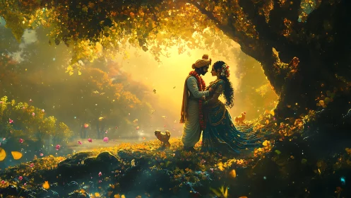 Luminous Reunion Beneath Golden Canopy with Particle Effects