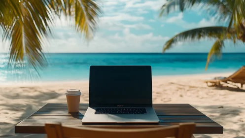 Cozy beach workspace with laptop, coffee, and ocean views.