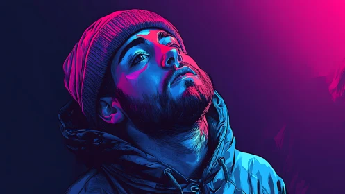 Bichromatic neon portrait with angled gaze and contour shading.