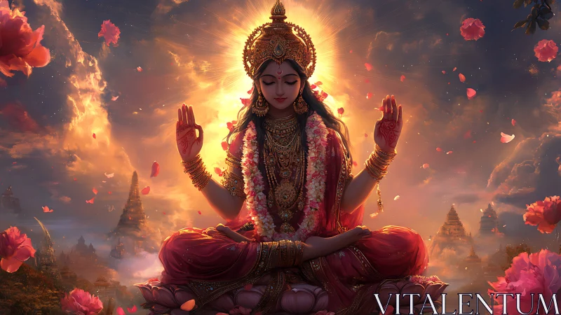 Radiant goddess meditates in celestial rose-lit heavens