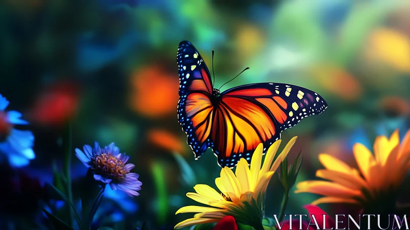 Chromatic monarch butterfly hovering over luminous florals.