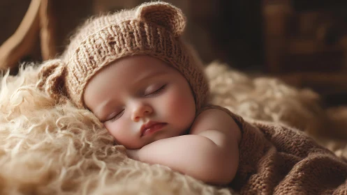 Sleeping infant lies on textured blanket in soft warm light