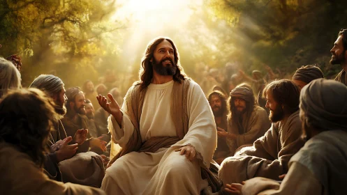 Sunlit rabbinic teacher addressing followers in forest amphitheater.