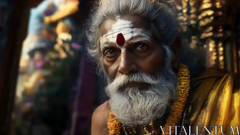 Gentle gaze of a wise elder wrapped in temple light.