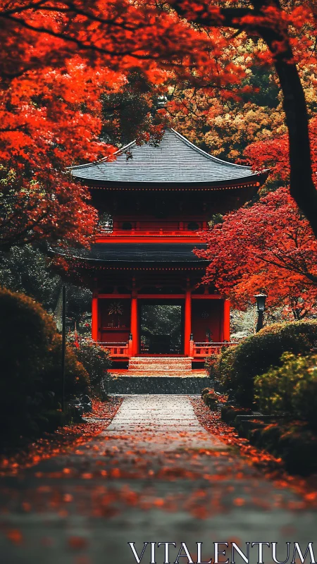 Japanese temple gate framed by dense red autumn foliage.