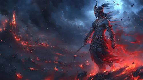 Demonic warrior strides through burning battlefield toward citadel