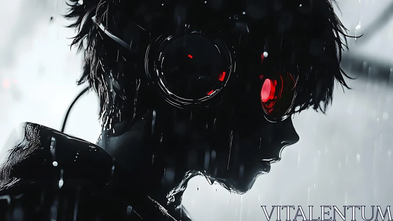 Solitary cyberpunk figure walks through cold neon rain