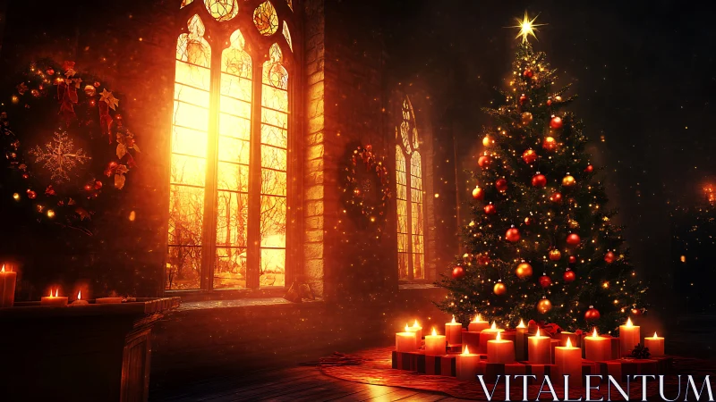 Christmas tree and candles in warm glowing interior.