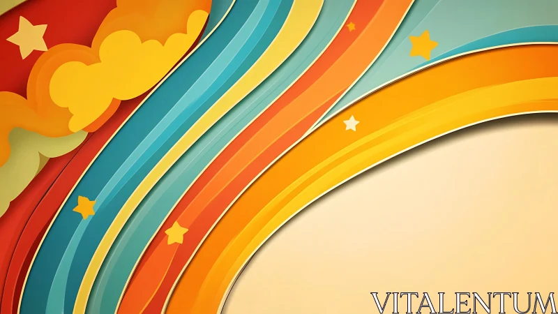 Retro curved rainbow stripes arc across warm starry sky