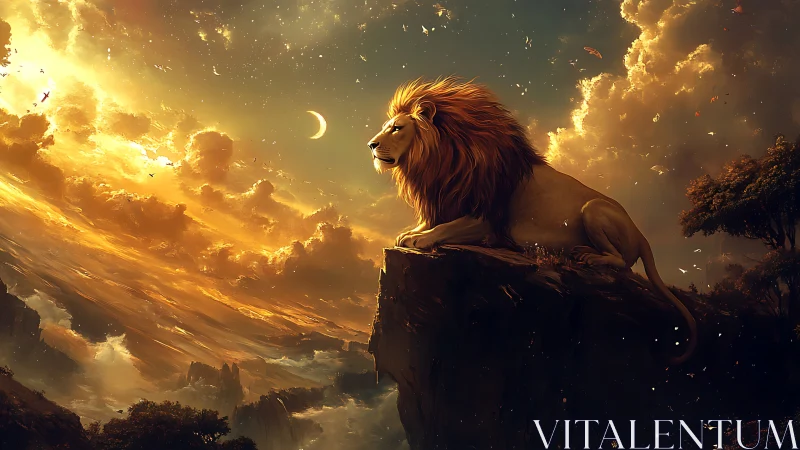 Lion on rocky cliff under crescent moon in glowing sky.