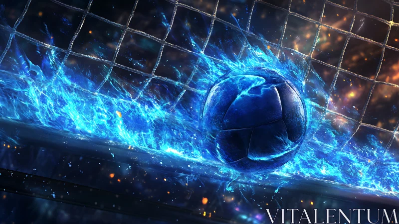 Blazing blue soccer strike melts the net in liquid light.