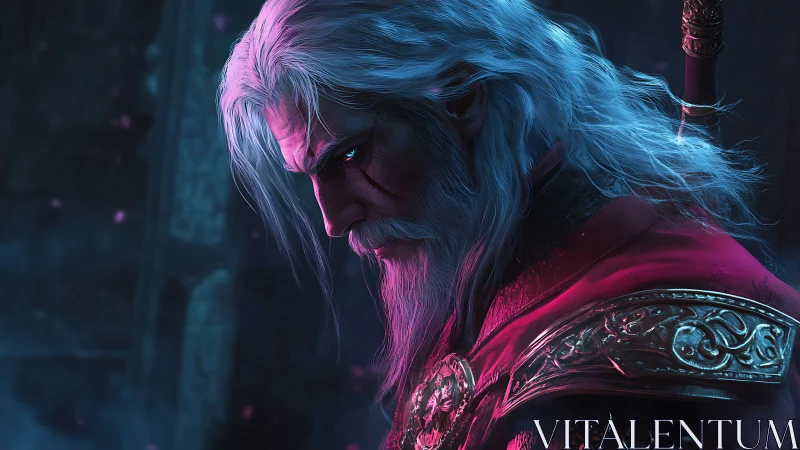 Silver-haired warrior in neon rim light with ornate armor.