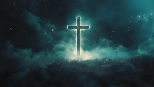 Luminous cross rises through midnight mist and starlit sky