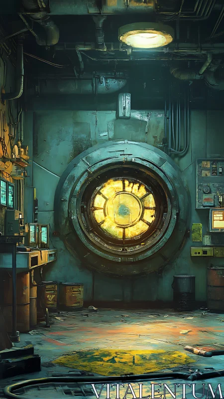Industrial vault portal in dimly lit cyberpunk maintenance bay
