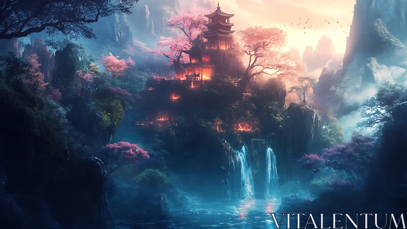 Mythic mountain temple glows above misted waterfalls