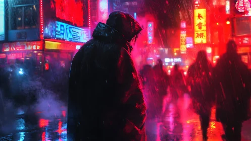 Hooded figure stands in neon city street during heavy rain
