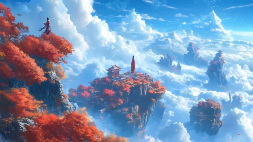 Floating autumn temples rise through volumetric cloud sea