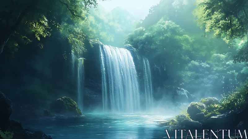 Cascading Serenity: Misty Waterfall Through Emerald Grotto.